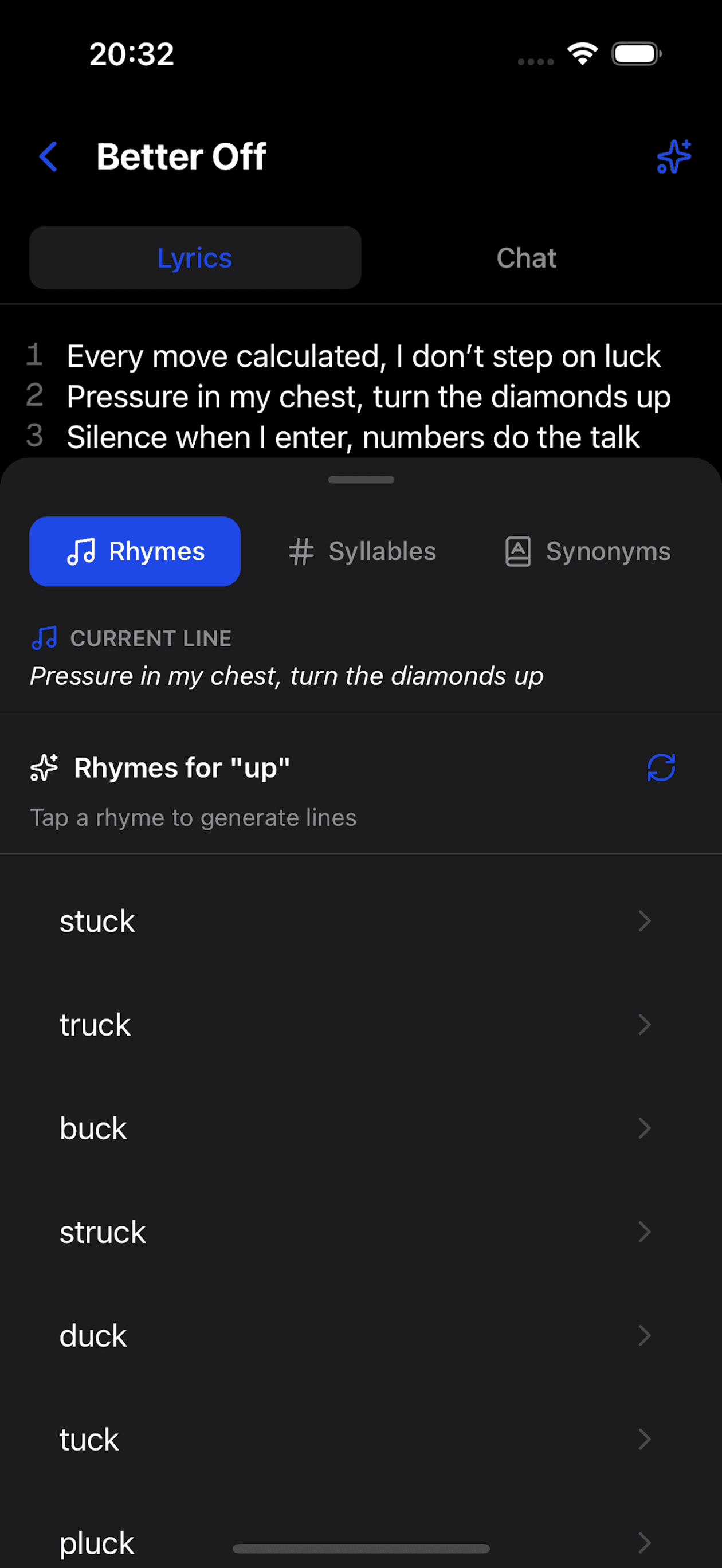 AI mode selection screenshot in the verselab app